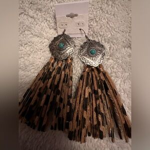 Turquoise- Silver Leopard Fringe Earrings